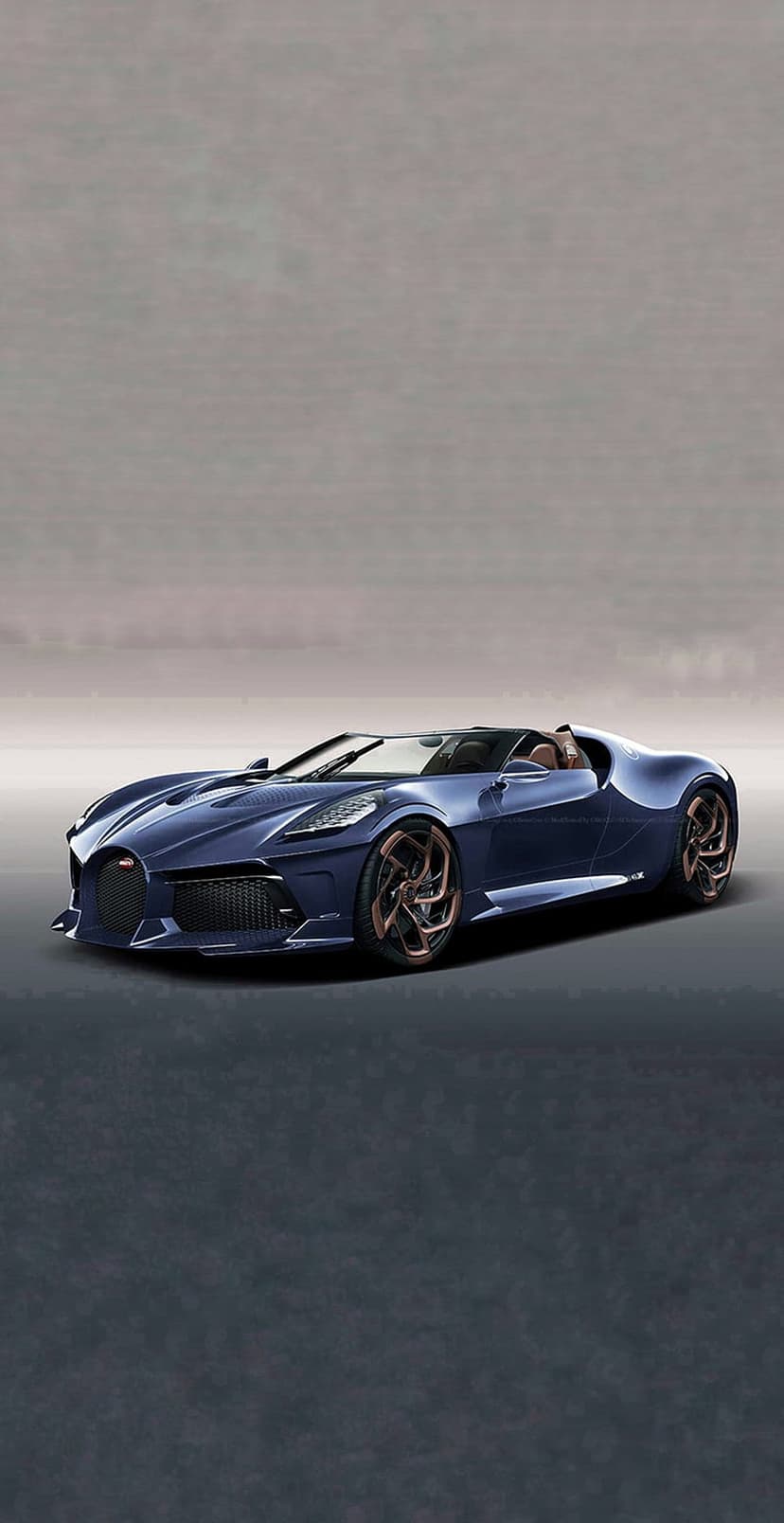 Dark blue Bugatti Divo Roadster with bronze wheels and an open-top design viewed from a low-angle perspective.