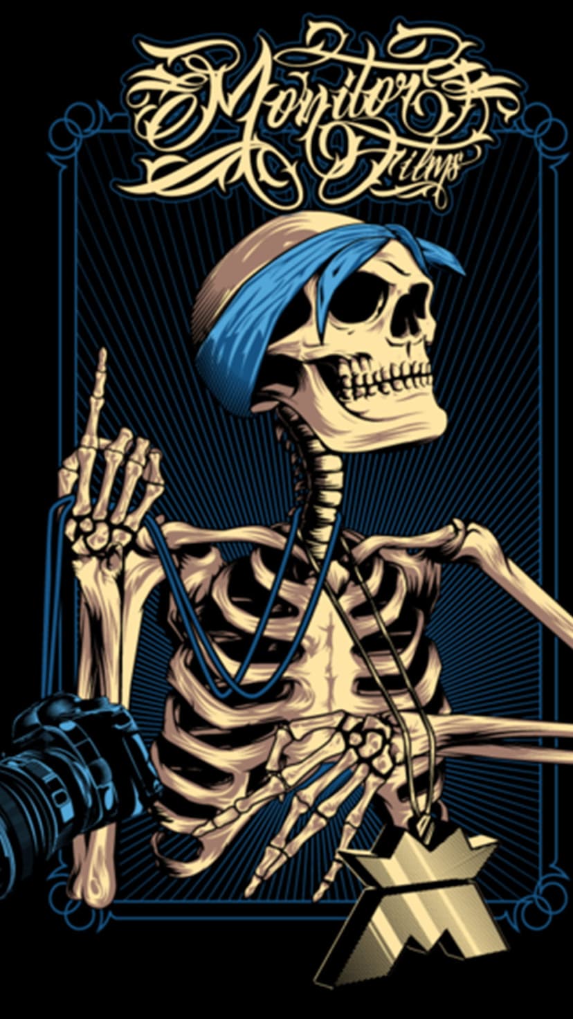 Skeleton wearing a blue bandana and gold pendant holding a camera against a radiating blue and black background.
