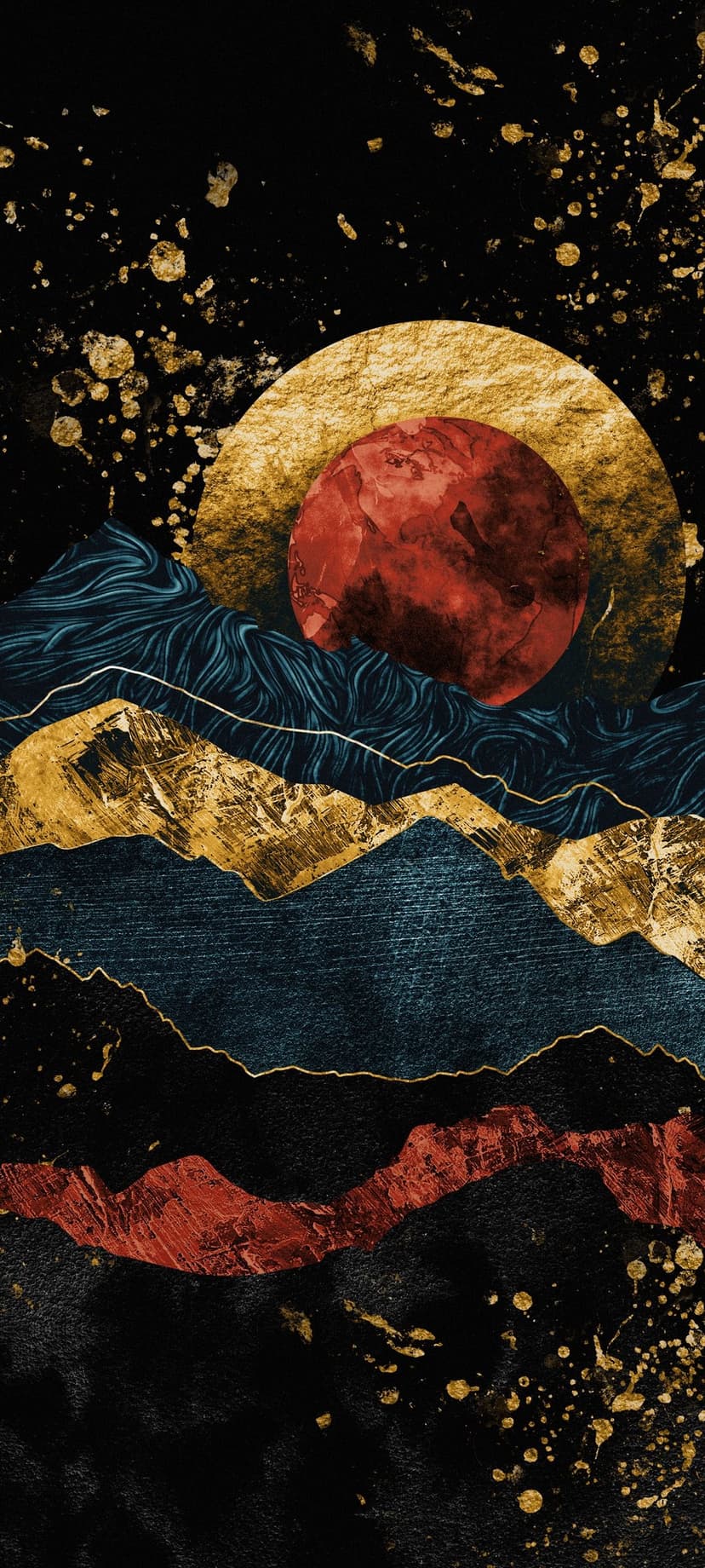 Red textured planet and golden mountain peaks with navy slopes beneath a starry sky on a mobile phone display.