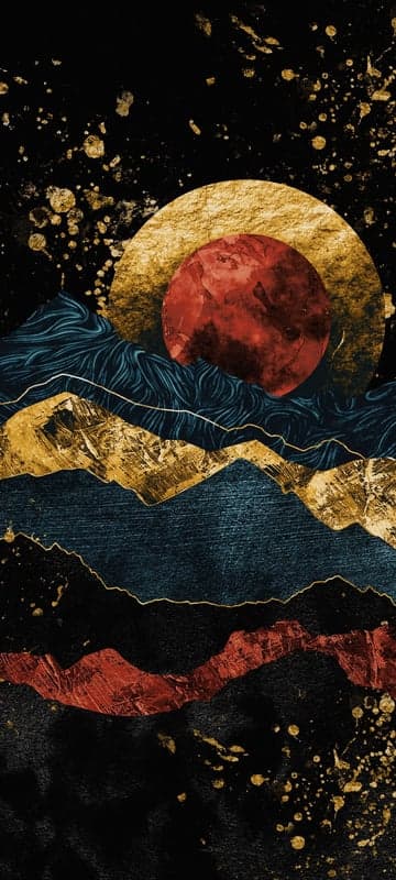 Abstract Landscape with Red Planet and Gold Mountains