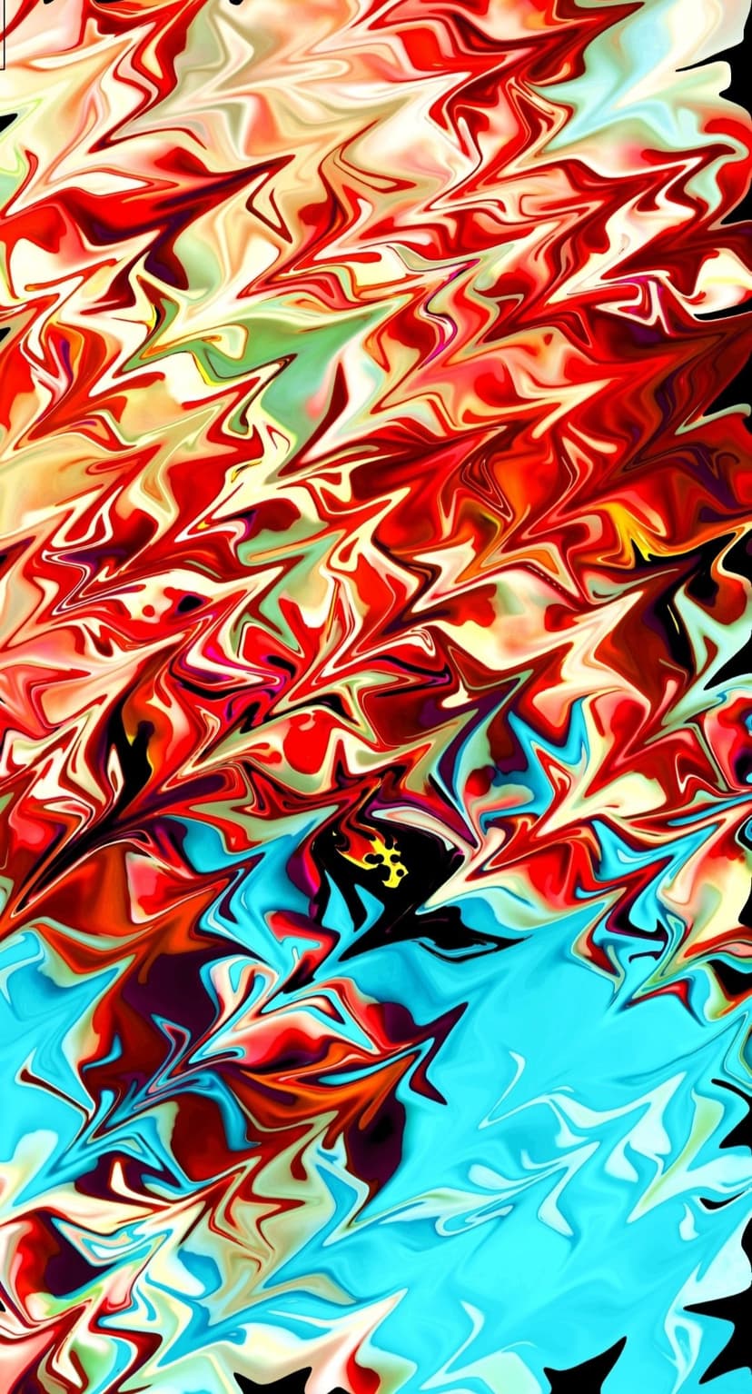 Vibrant red, yellow, and cyan blue liquid swirls intertwine with sharp jagged lines in a marbled pattern.