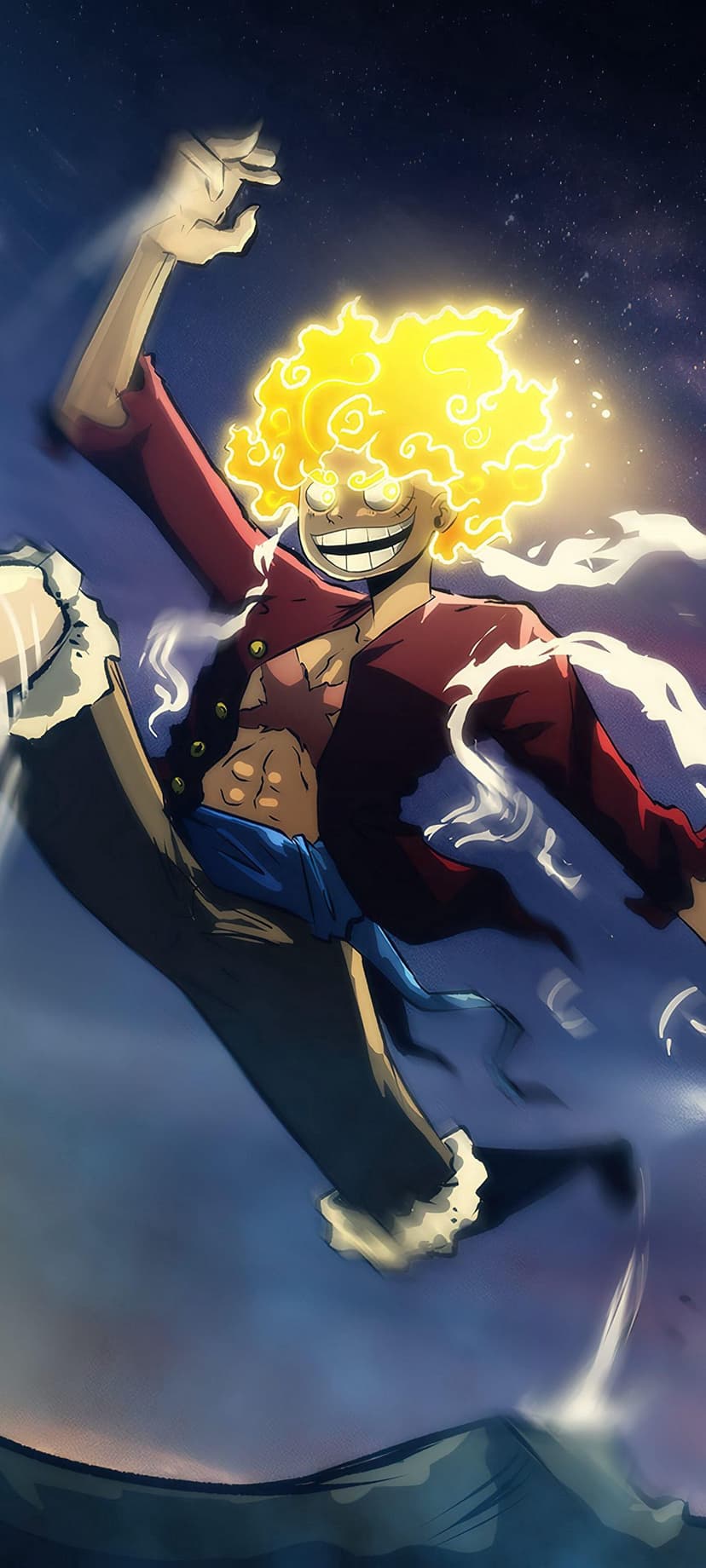 Monkey D. Luffy in Gear 5 form with white hair and golden aura floating against a dark vertical background.