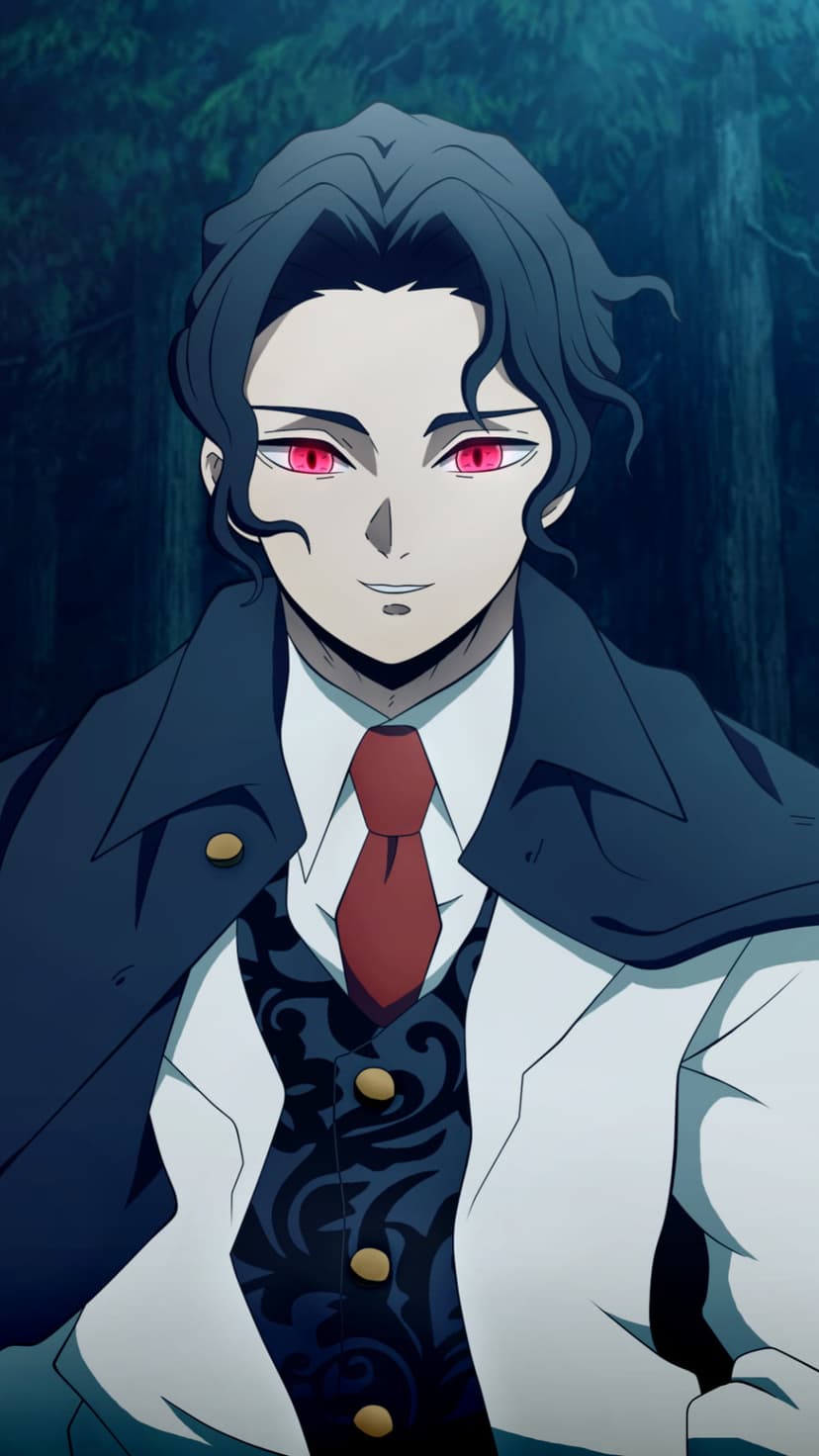Muzan Kibutsuji with glowing red eyes and dark wavy hair wears a formal suit while standing in a dark forest.