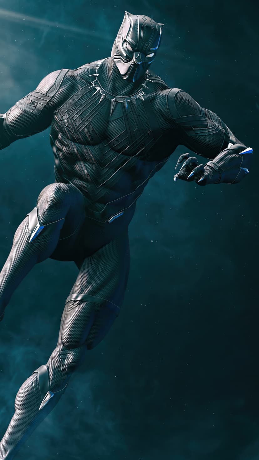 Black Panther in a textured vibranium suit mid-leap through a dark atmosphere with subtle mist and lighting.