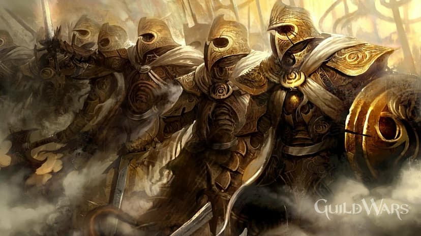 Golden armored knights with white capes and round shields stand in smoke during a cinematic battle scene.