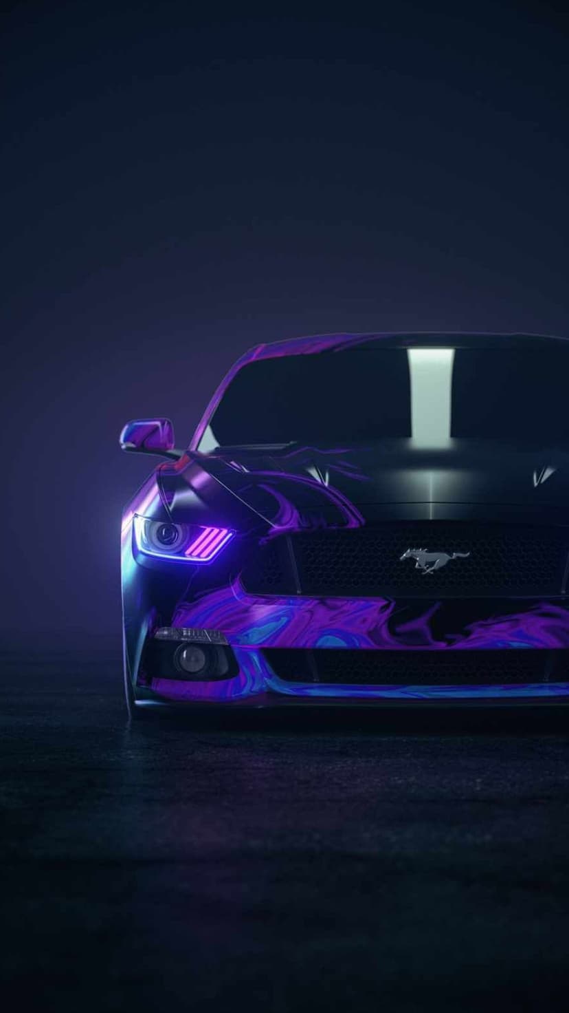 Mustang sports car with glowing purple and blue neon swirls on a dark background featuring bright LED headlights.