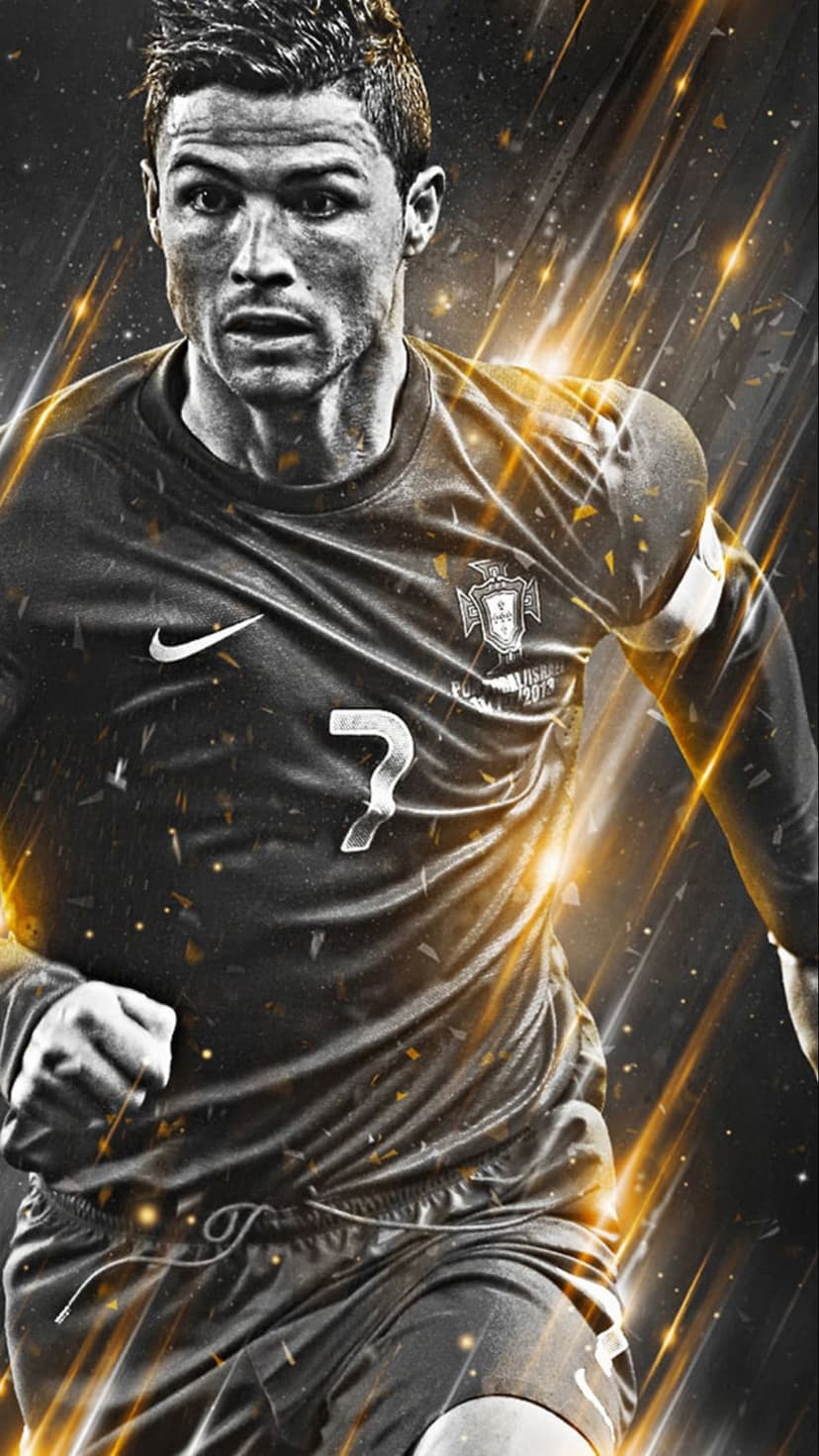 Cristiano Ronaldo in a red Portugal jersey stands surrounded by glowing golden particles and dramatic light.