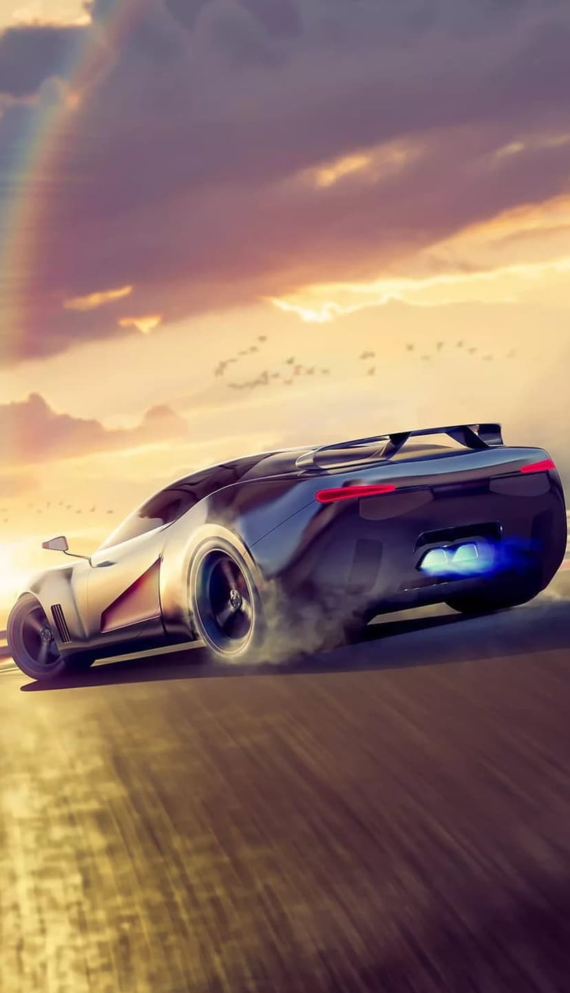 Futuristic sports car drifting sideways on a dirt road with glowing blue exhaust flames and golden sunset light.