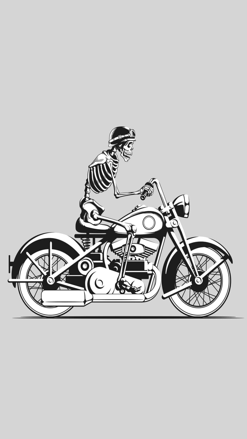 Skeleton wearing goggles and a helmet rides a vintage motorcycle in a high-contrast monochrome scene.