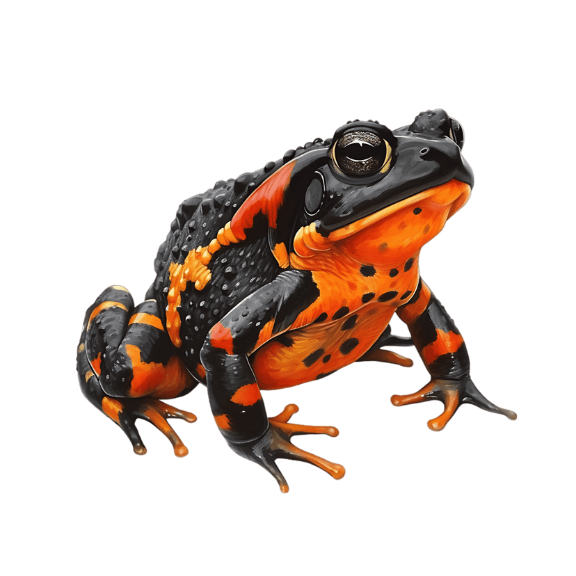 Poison dart frog with orange skin and black spots crouched on a flat surface showing detailed bumpy textures.