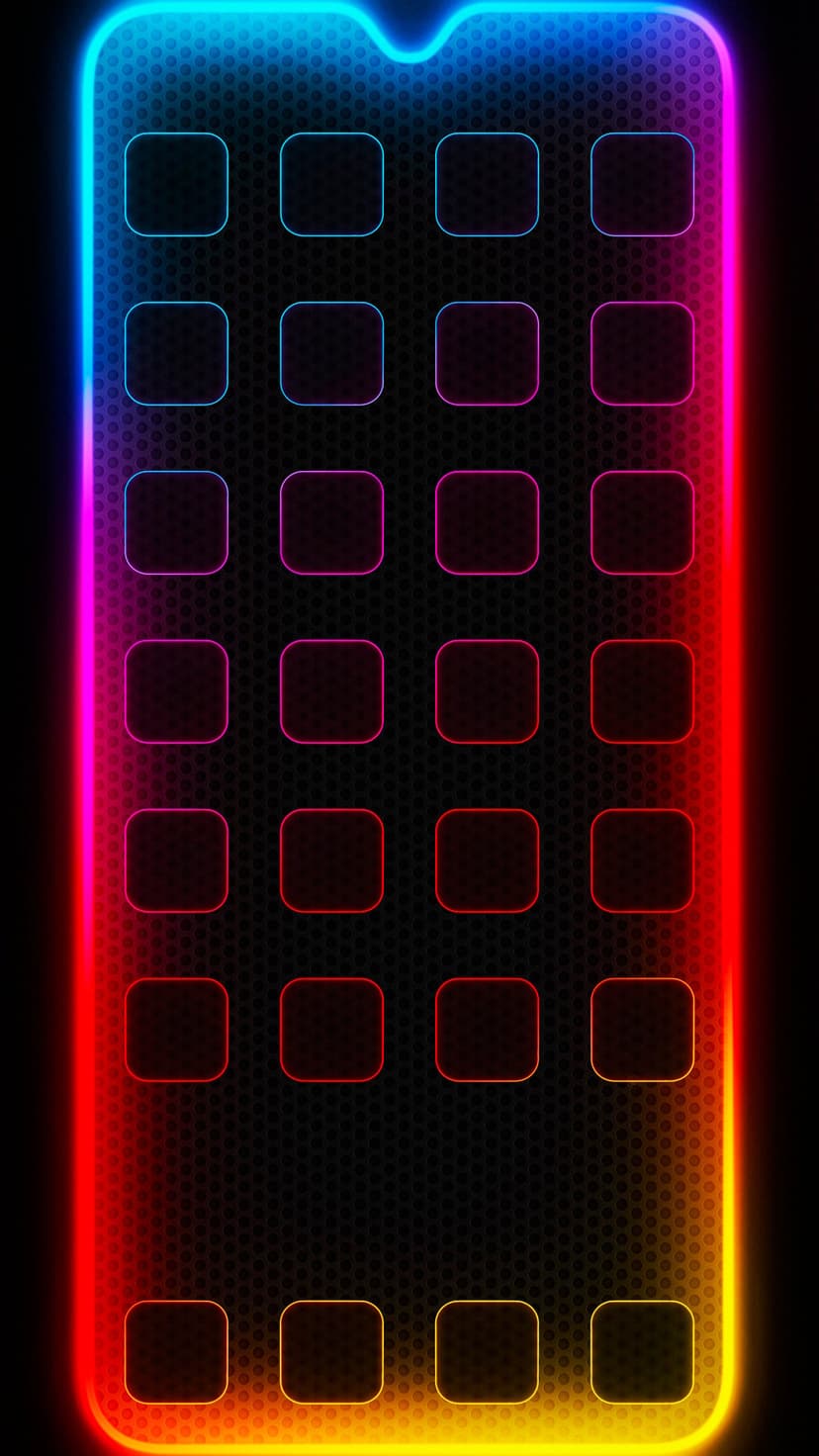 Neon square app icons with rainbow gradient borders arranged in a grid on a dark textured mobile background.