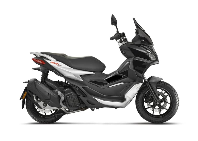 Side profile of a black and silver Aprilia SR GT 125 scooter with chunky tires on a white background.