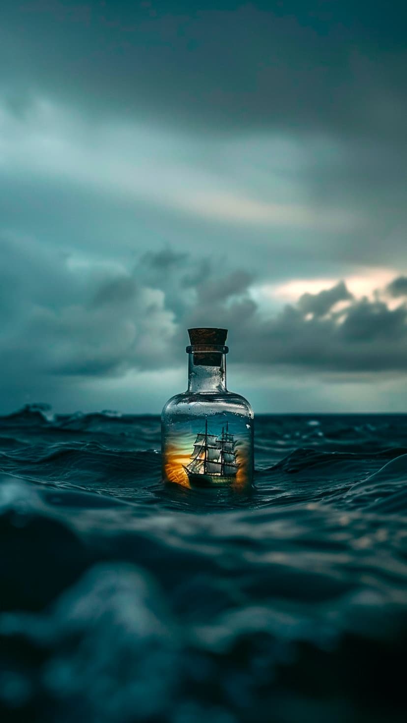 Miniature sailing ship inside a glass bottle floating on turbulent dark blue waves under a cloudy sky.