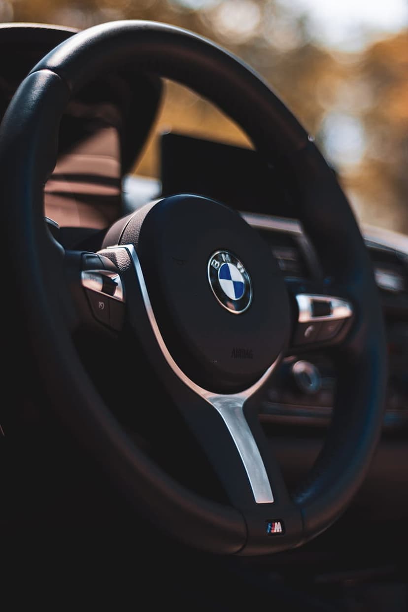 BMW steering wheel with leather texture and chrome accents is shown in a close-up automotive interior view.