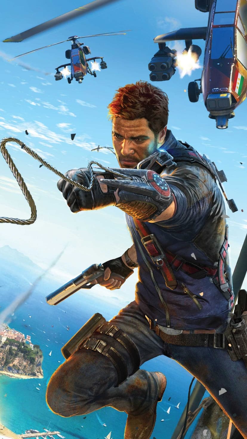 Rico Rodriguez mid-air with grappling hook and pistol, helicopters overhead, blue sea and coast below.