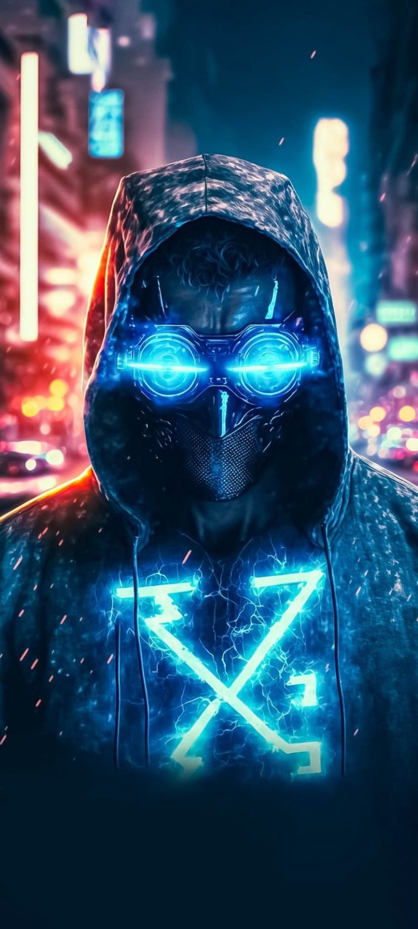 Hooded hacker with glowing blue goggles and a neon X symbol on their chest against a night city background.
