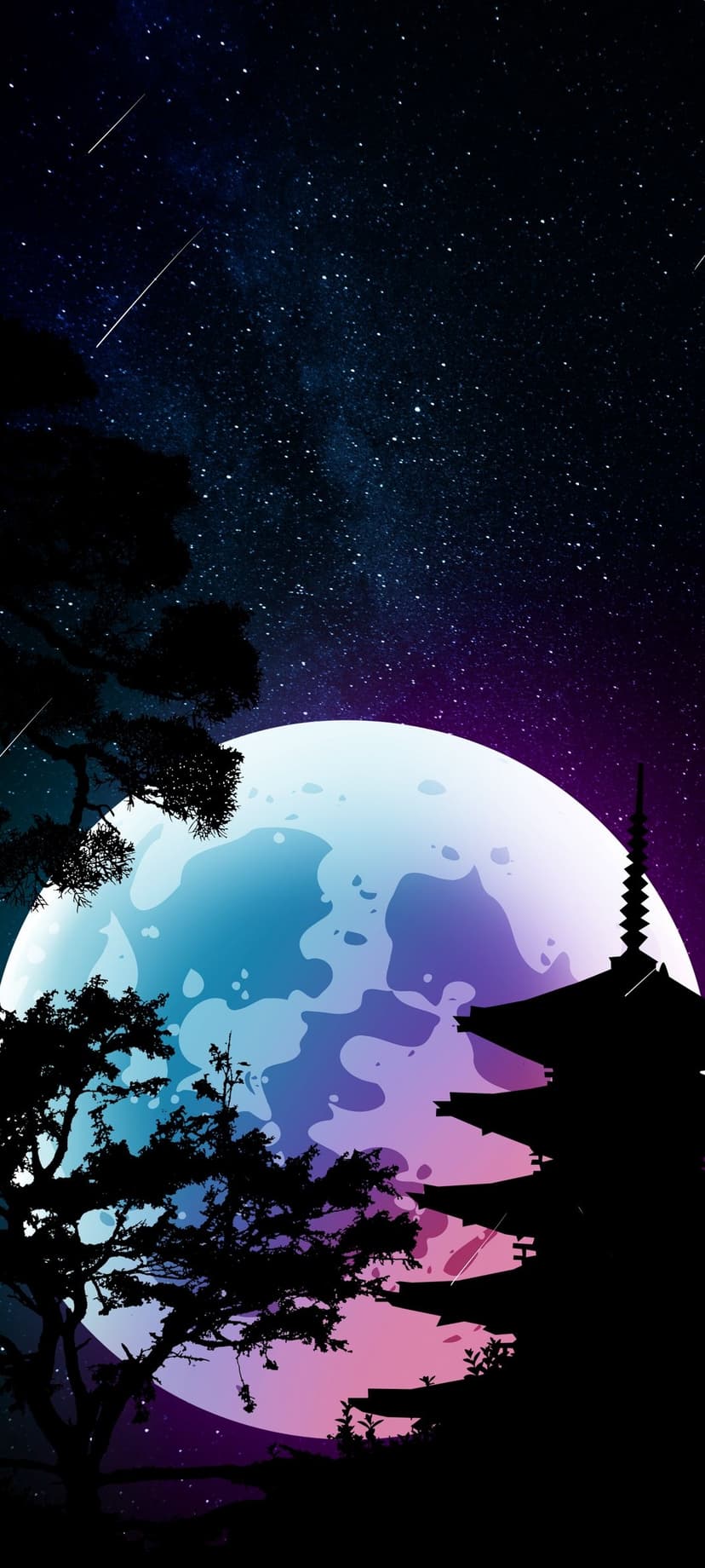 Tiered Japanese pagoda silhouette stands against a glowing blue moon and starry violet sky framed by dark trees.