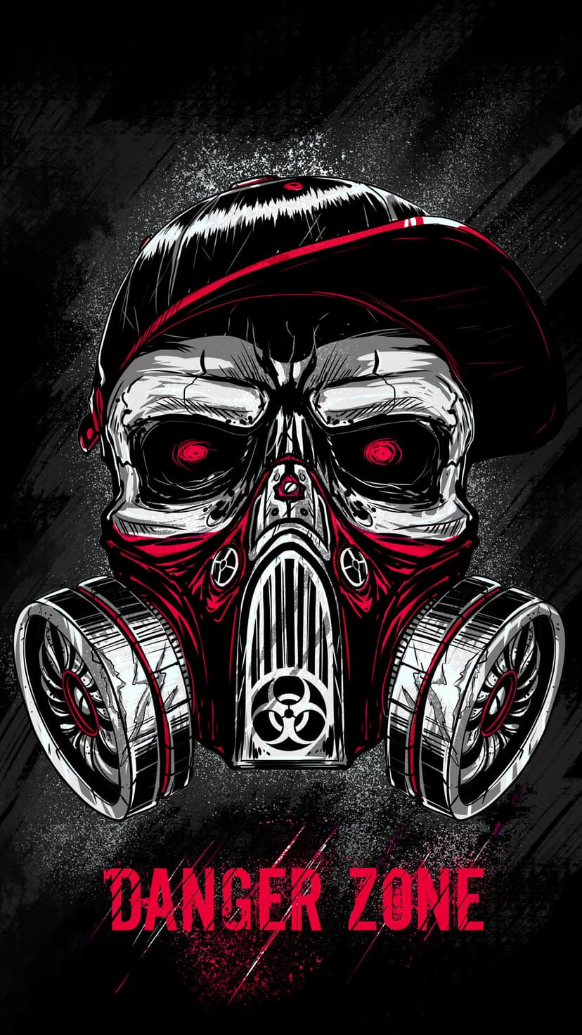 Skull wearing a gas mask and backwards cap with red biohazard symbols and Danger Zone text on a dark background.