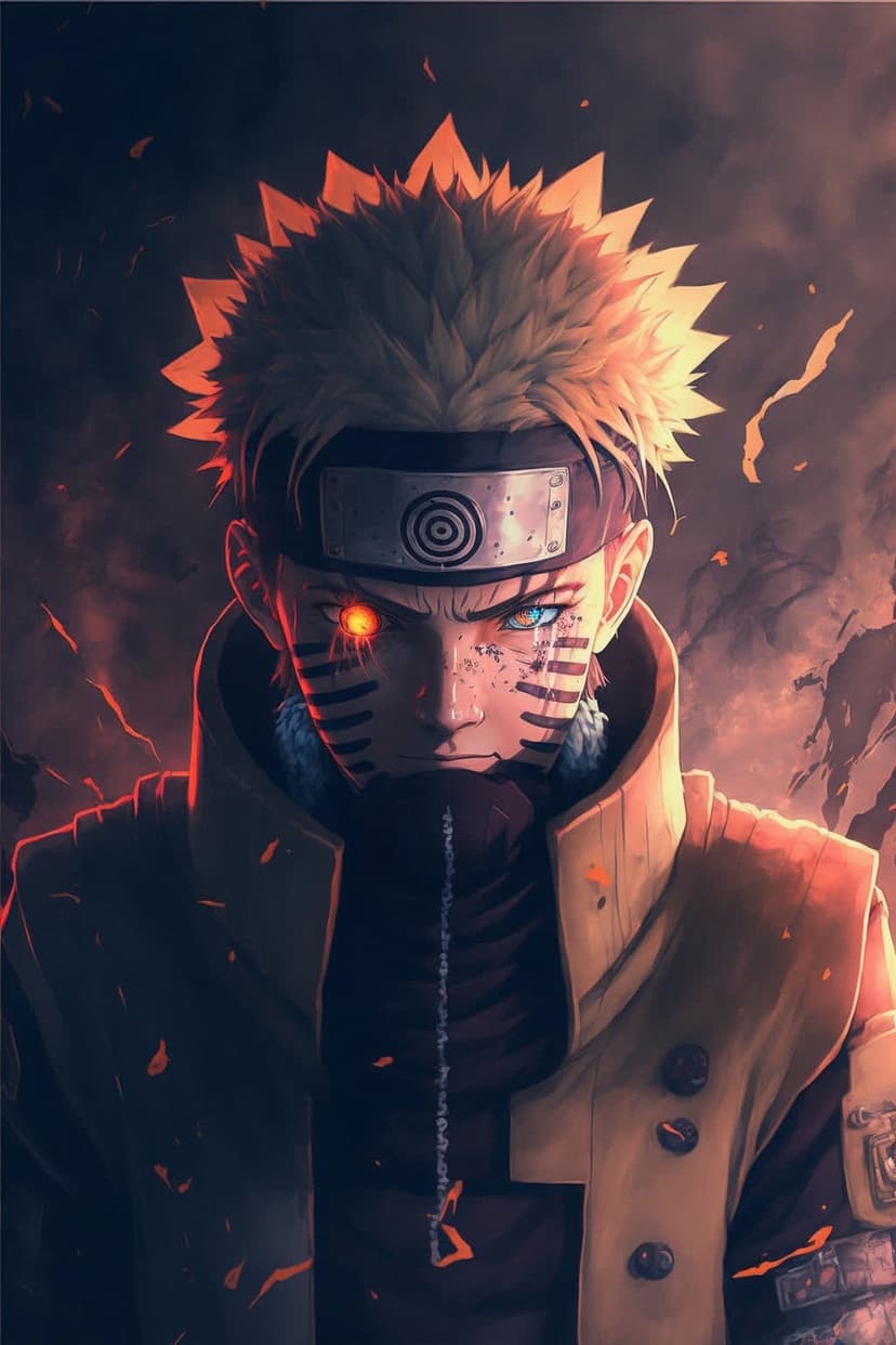 Naruto Uzumaki has one glowing red eye and one blue eye, set against a dark smoky background with orange embers.
