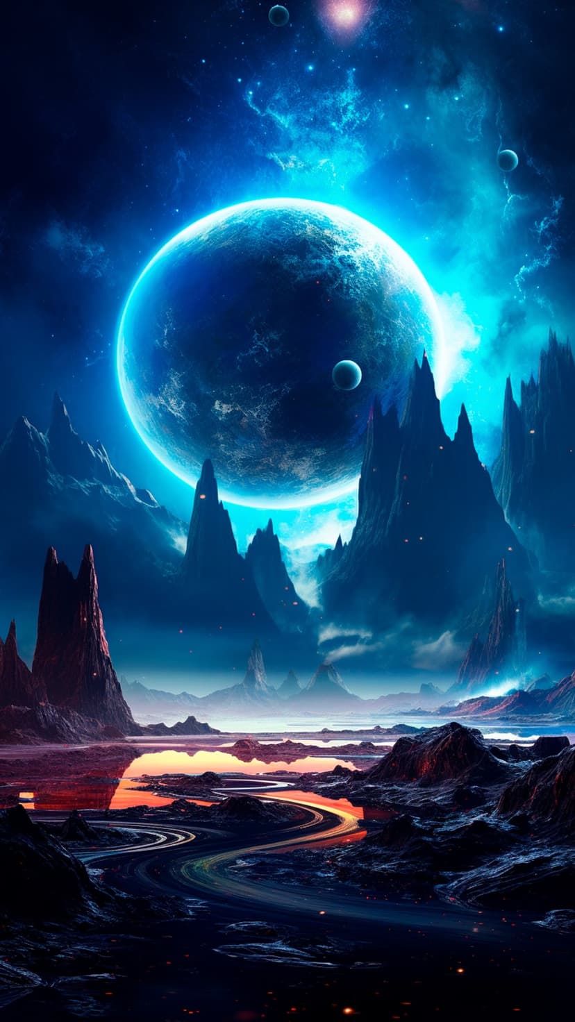 Giant blue planet and two moons rising over jagged black mountains and a glowing trail on a reflective surface.
