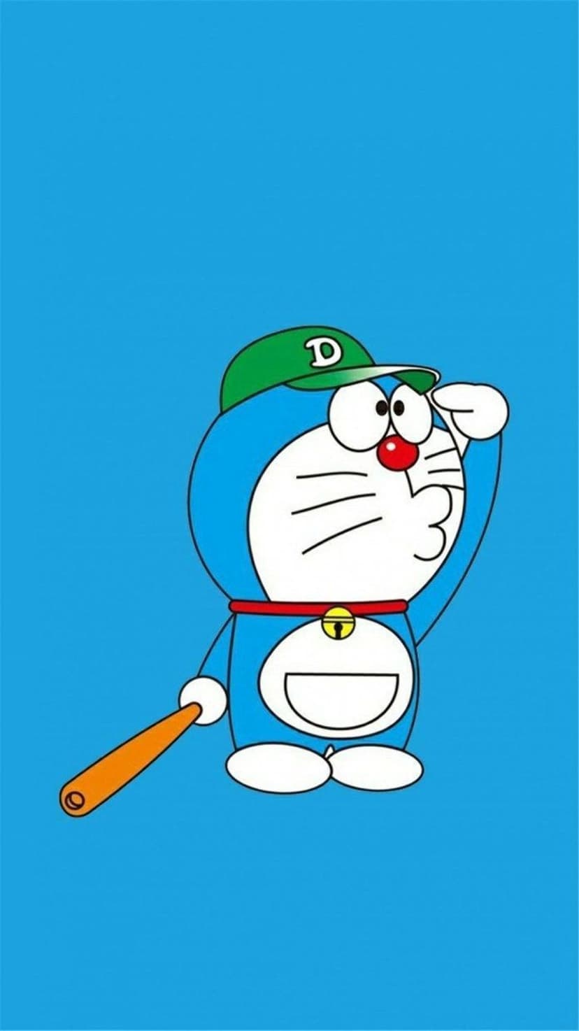 Doraemon wearing a green D cap and holding a baseball bat against a solid blue background in a sporty stance.