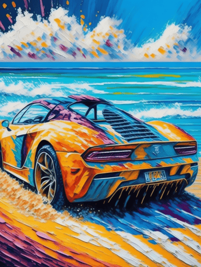 Vibrant Sports Car on a Beach in Impressionist Style