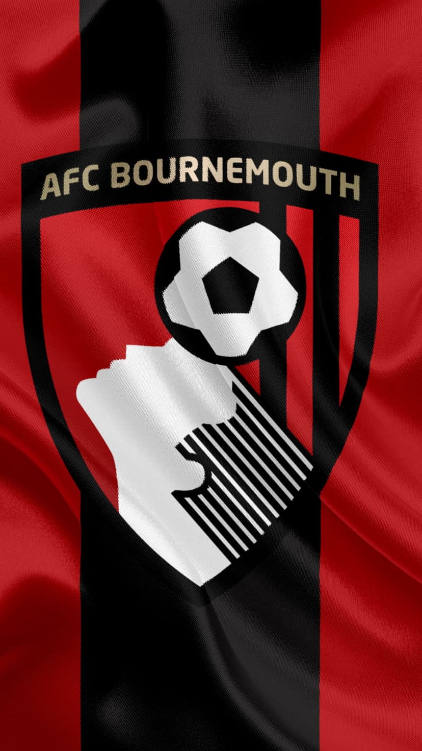 AFC Bournemouth crest centered over wavy red and black striped satin fabric with realistic textile folds and shadows.