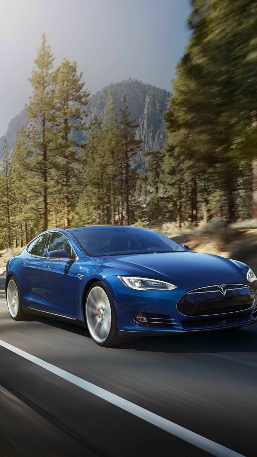 Blue Tesla Model S driving on a forest road with motion blur against a scenic mountain background.