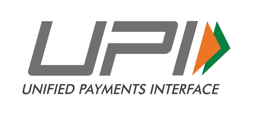 UPI logo features blue and orange slanted sans-serif typography with a geometric arrow on a clear background.