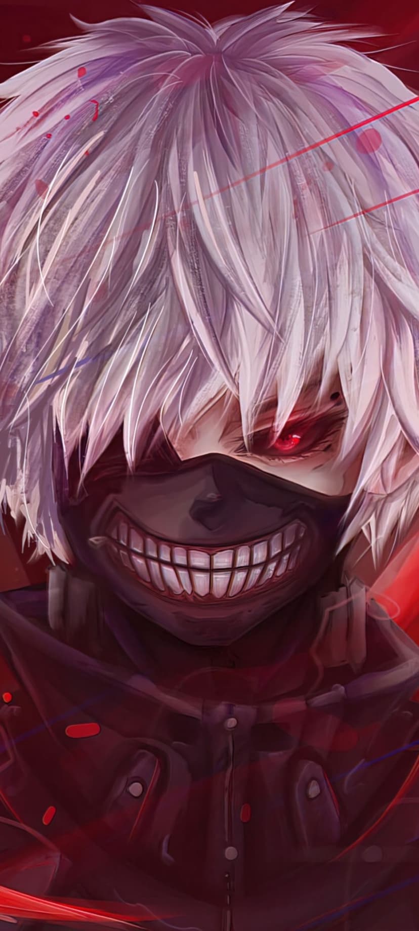 Kaneki Ken with white hair and a red glowing eye smiles through a black leather mask against a dark red backdrop.