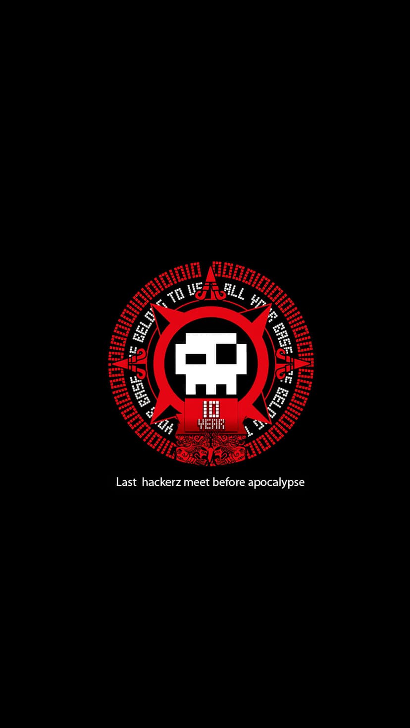 Pixelated white skull inside a red ring with white text on a solid black background for a phone screen.