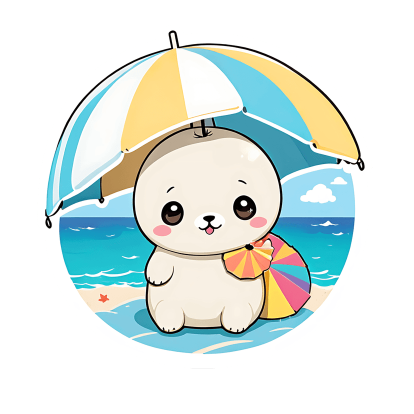 Beige seal pup sticker graphic resting under a beach umbrella with blue waves and clouds in a flat art style.