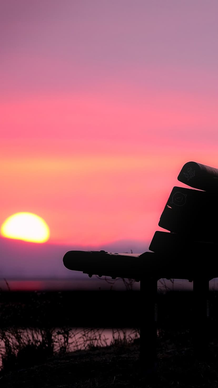Park bench silhouette sits before a vivid pink and orange sunset sky reflecting on a quiet lake surface.