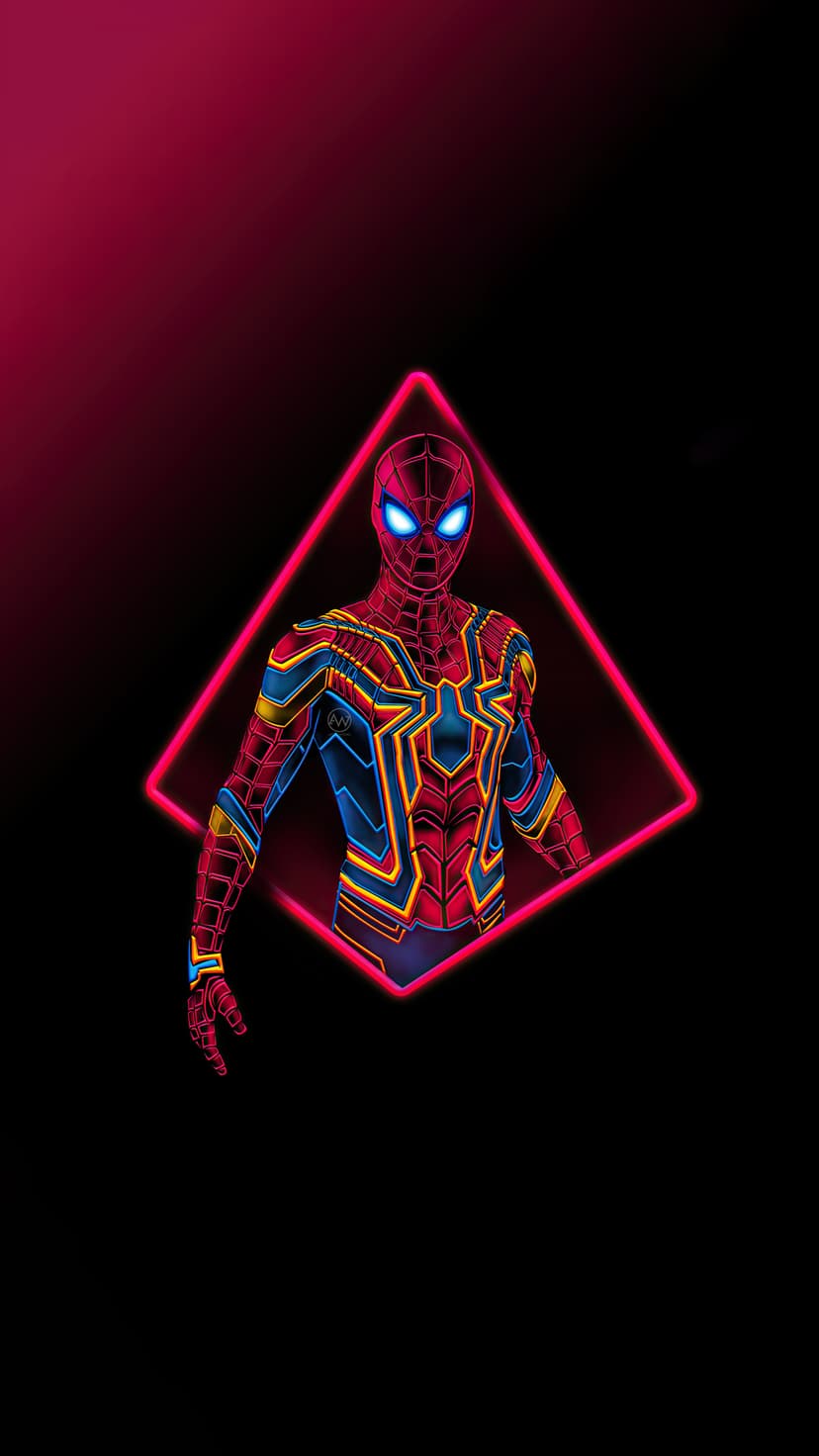 Spider-Man in metallic armor poses inside a pink neon diamond frame against a dark gradient background.