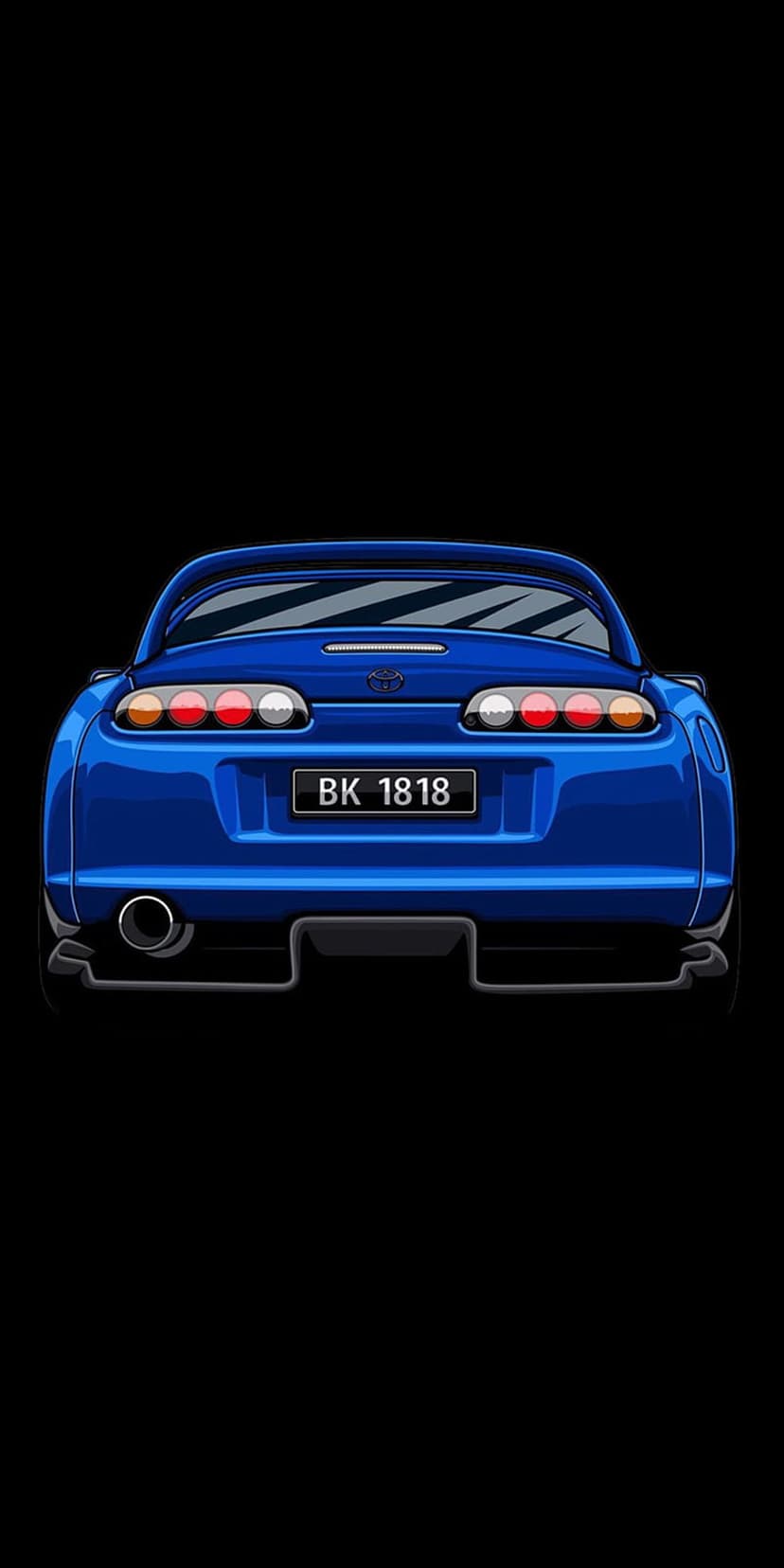 Blue Toyota Supra rear with circular taillights, dual exhaust, and BK 1818 license plate on a black background.