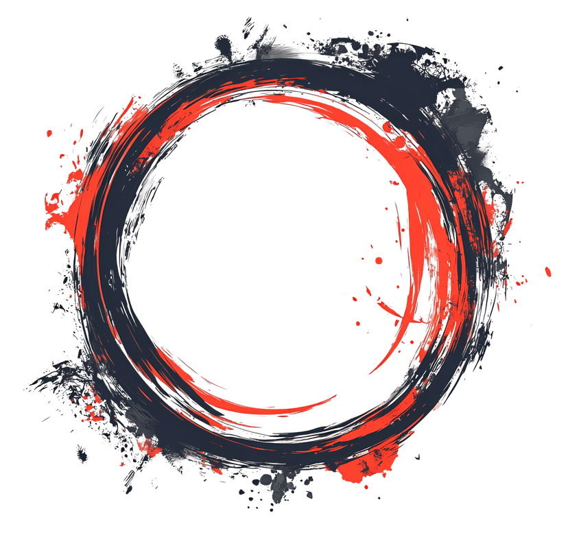 Black ink brush stroke circle features a hand-painted charcoal texture and irregular ring shape on transparency.