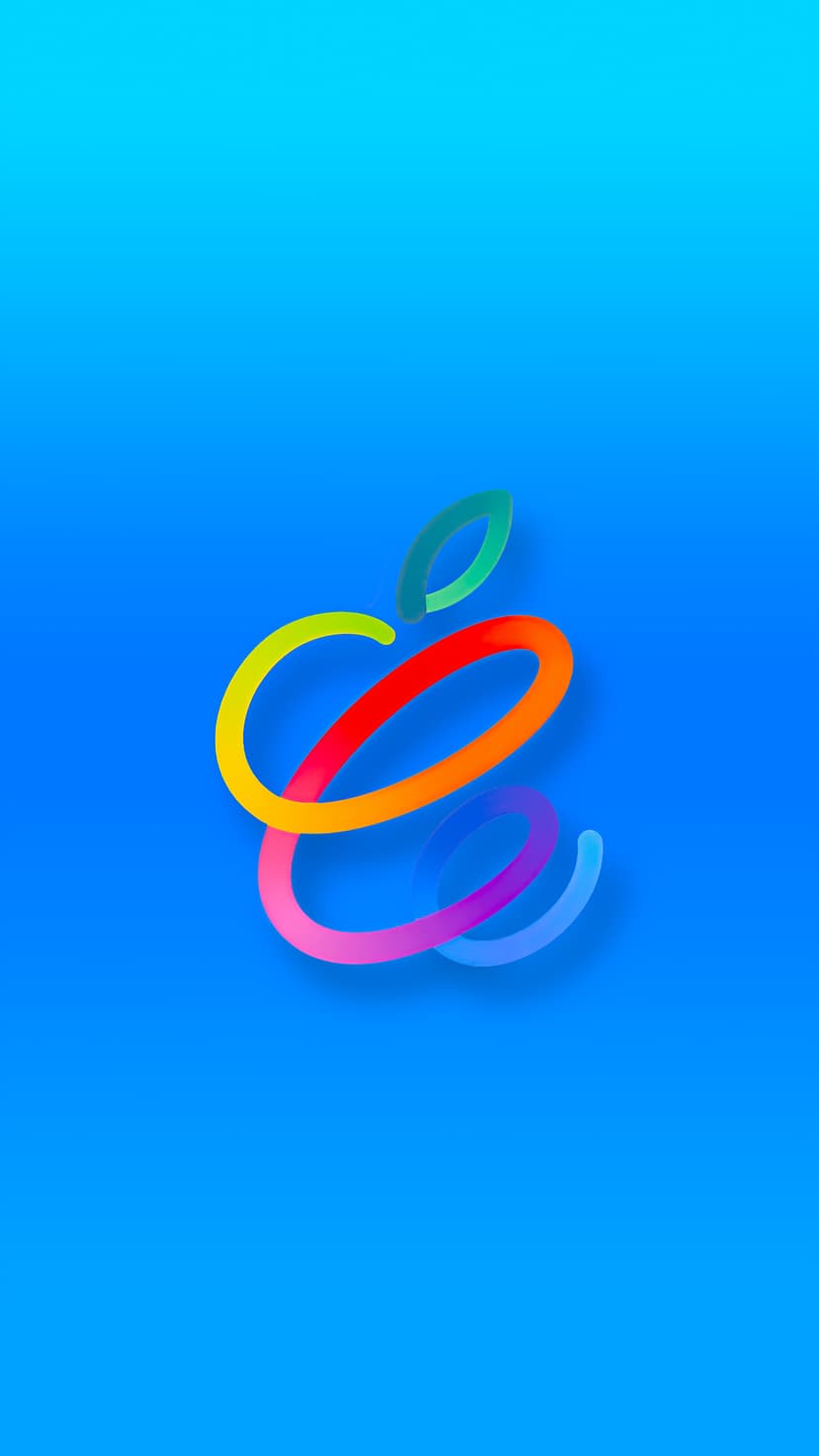 Apple logo outline made of a rainbow gradient line floating over a solid cerulean blue background with soft shadows.