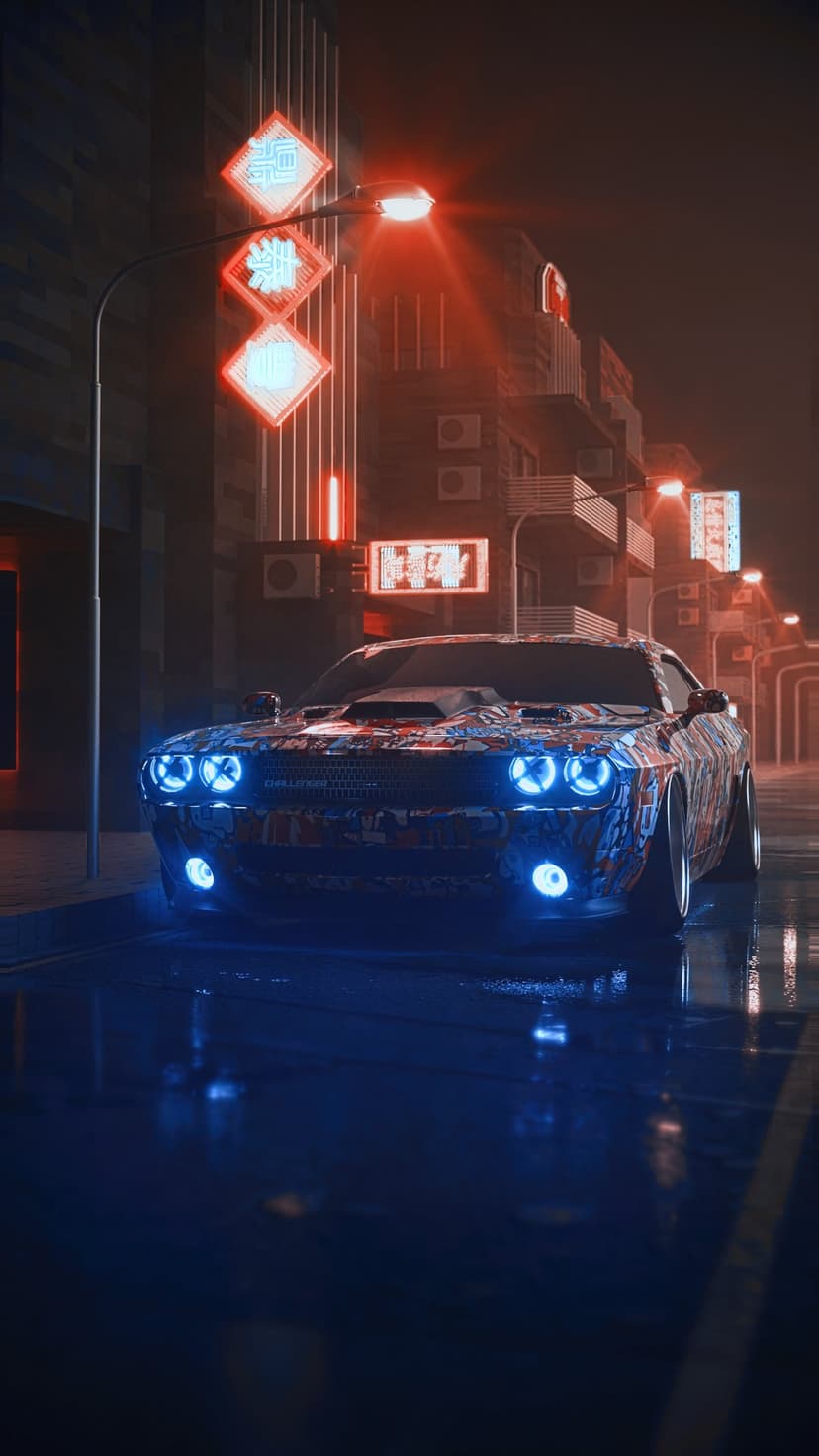 Dodge Challenger with glowing blue headlights sits on a wet street reflecting red neon city lights at night.