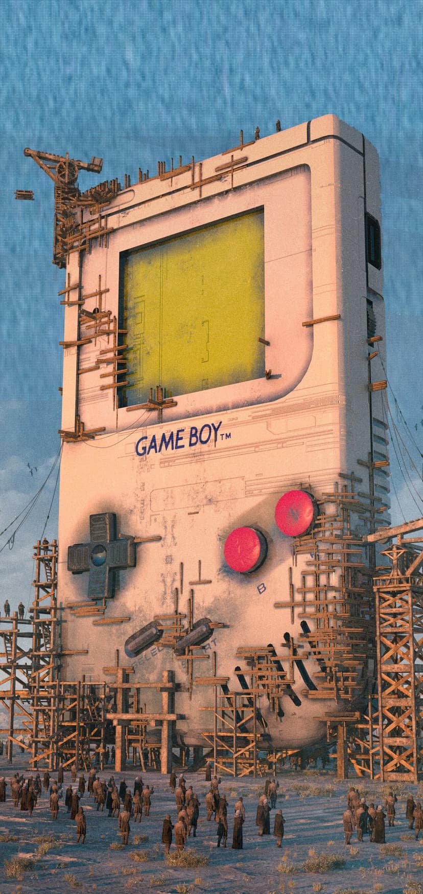 Colossal grey handheld gaming console encased in yellow scaffolding with tiny human figures on multiple levels.