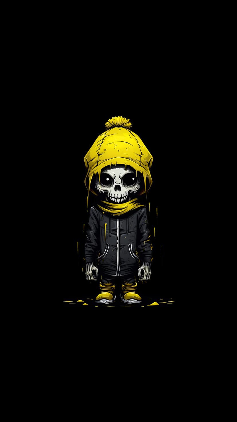 Smiling skeleton wearing a yellow pom-pom beanie and scarf standing against a solid black background.