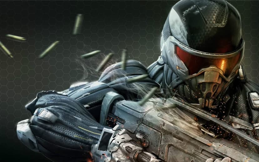 Armored sci-fi soldier with a glowing red visor holding a rifle amidst flying bullet casings and sparks.
