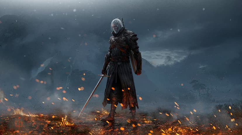 White-haired warrior in dark armor holding a sword amidst flying embers in a misty mountain landscape.
