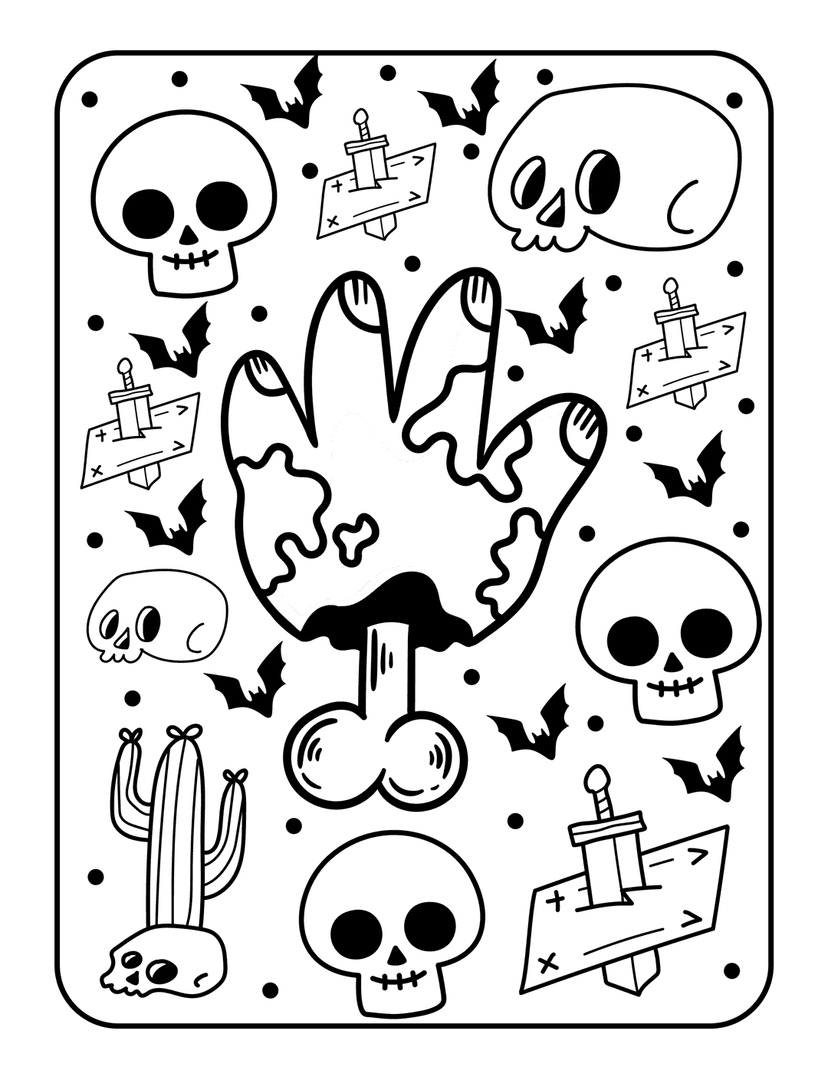 Halloween coloring page featuring black line art of skulls, bats, a zombie hand, and a sword-impaled shape.