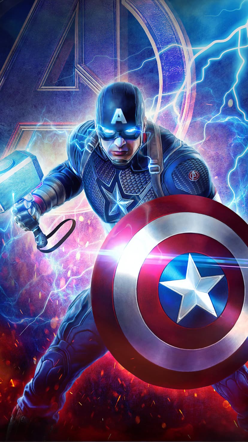 Captain America holds Mjolnir and a shield as blue lightning bolts strike around his heroic armored silhouette.