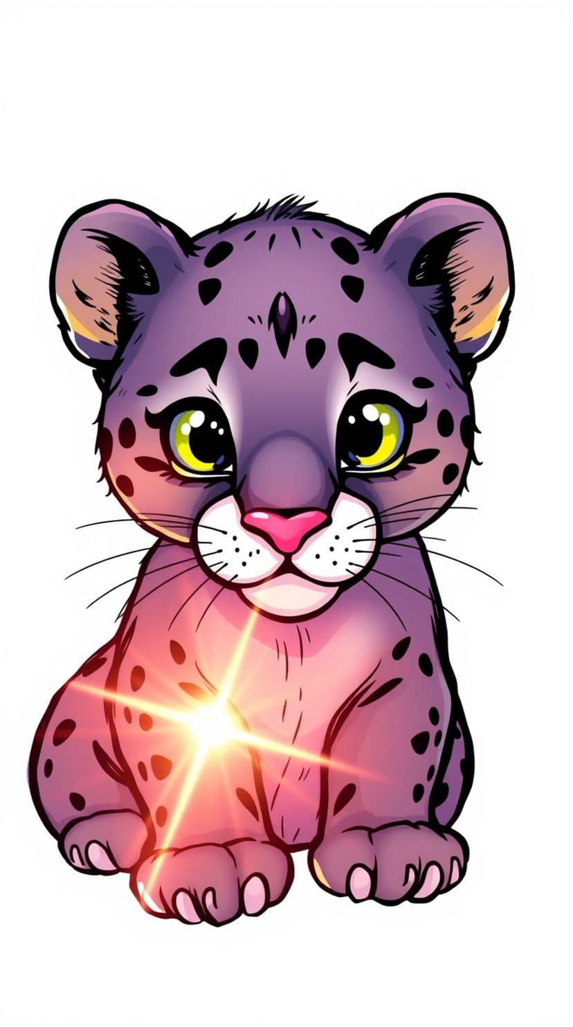 Purple leopard cub with large green eyes, pink nose, and black spots sits forward with a glowing chest.