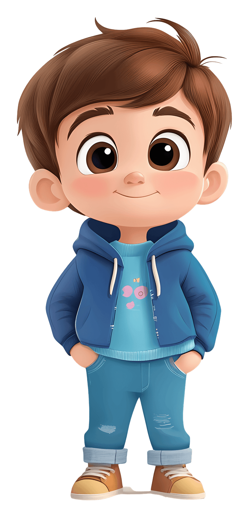 Cartoon boy wearing orange hoodie stands with a smiling expression using clean vector lines and flat colors.