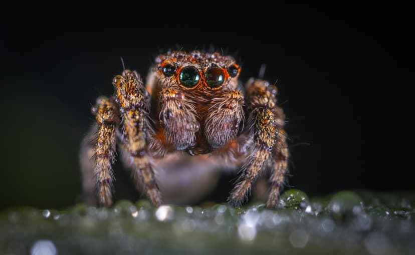 Jumping spider with large green eyes and glistening water droplets on its furry body rests on a dark green leaf.