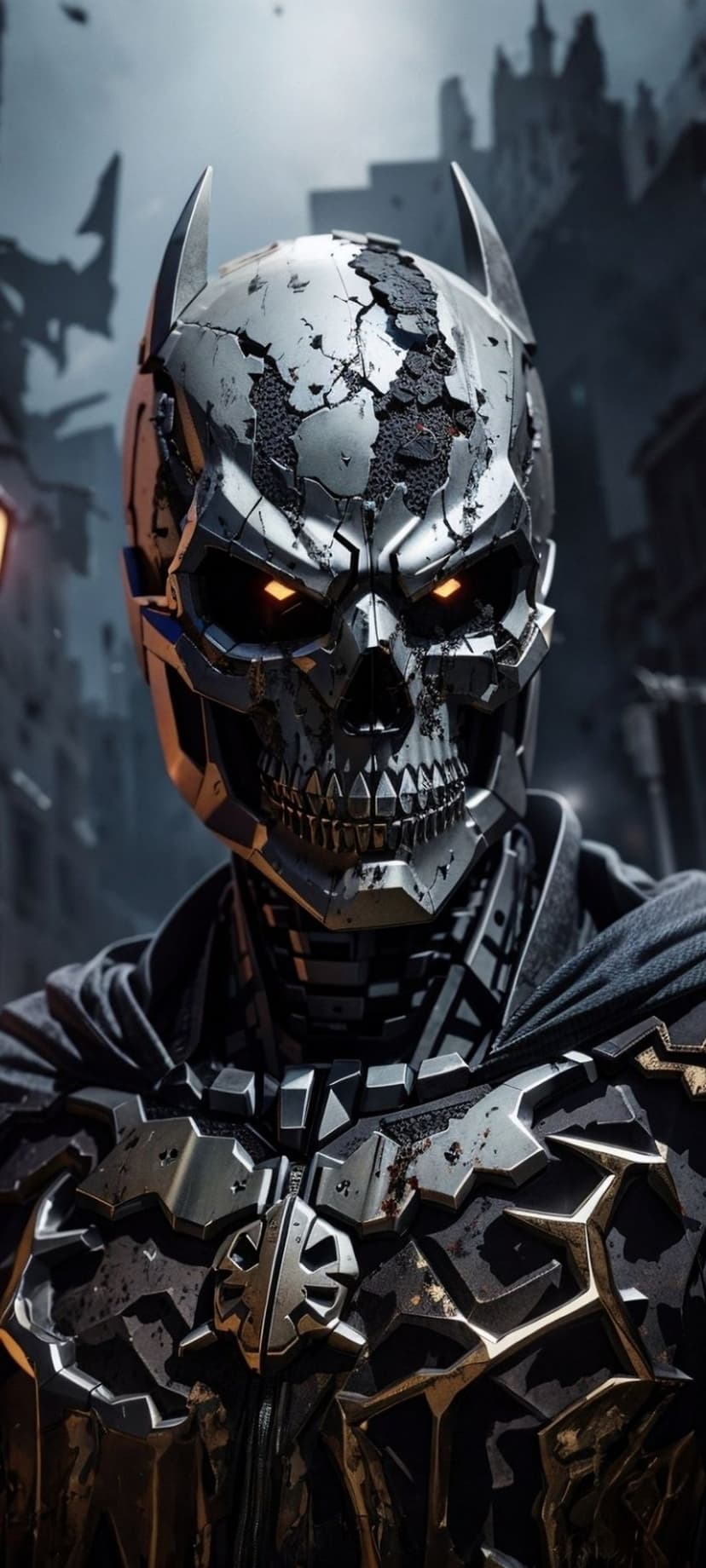 Robotic Batman with a metal skull mask and glowing orange eyes stands before ruined gothic architecture.