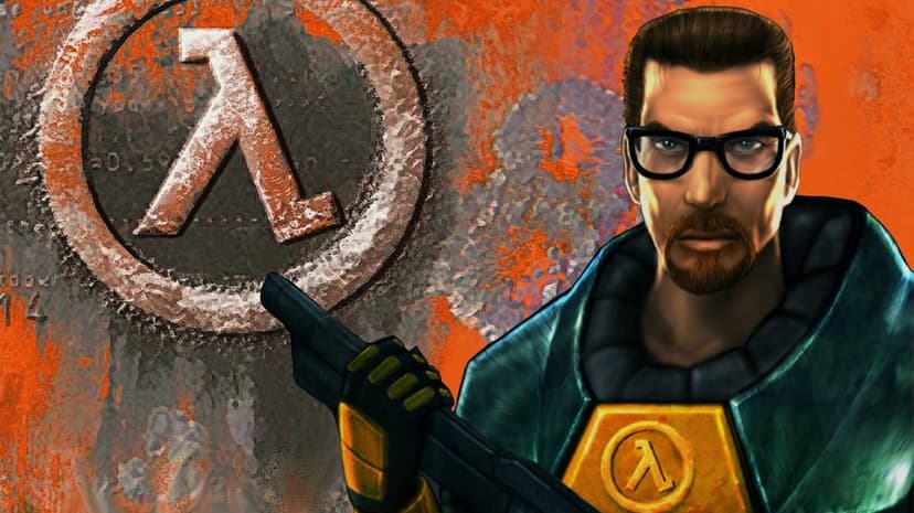 Gordon Freeman in his HEV suit holds a shotgun before a rusted Lambda symbol on a textured orange wall.