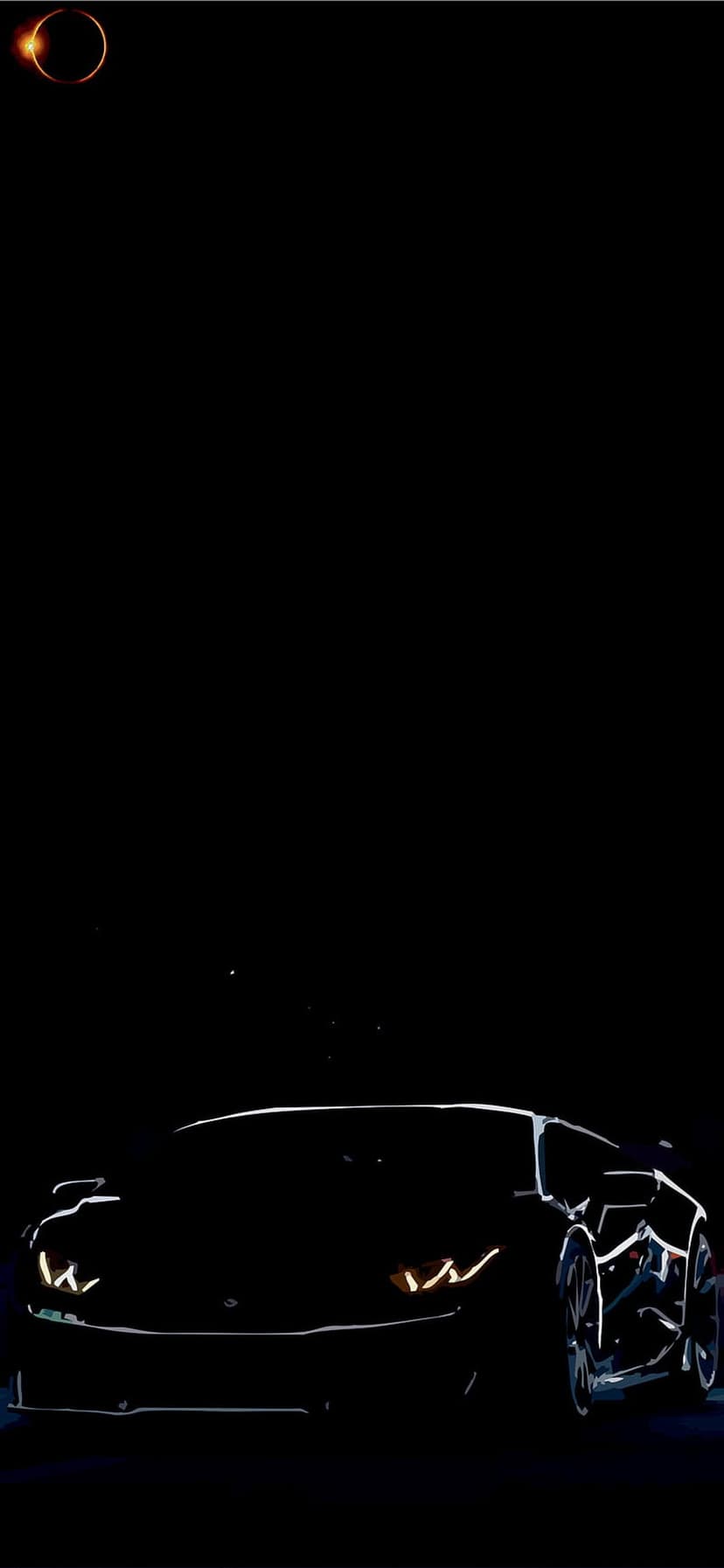 Lamborghini silhouette parked under a solar eclipse with glowing headlights against a deep black background.